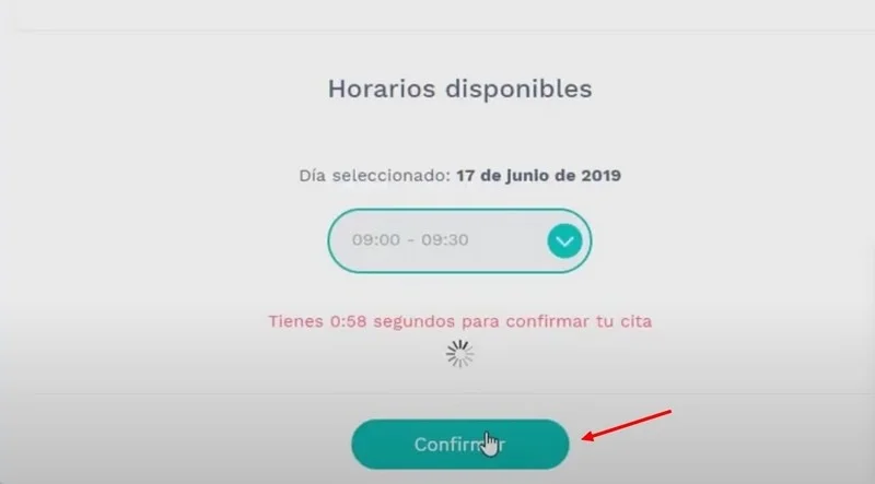 Selecciona una fecha y uno de los horarios disponibles y dale al botón confirmar